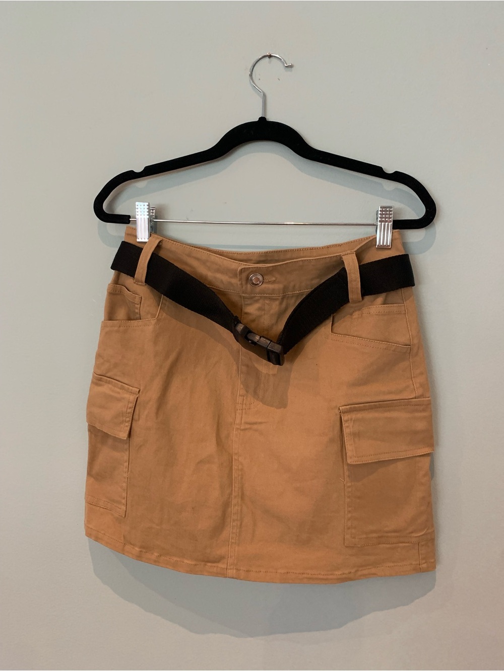 Utility Cargo Mini Skirt in Tan with Black Belt